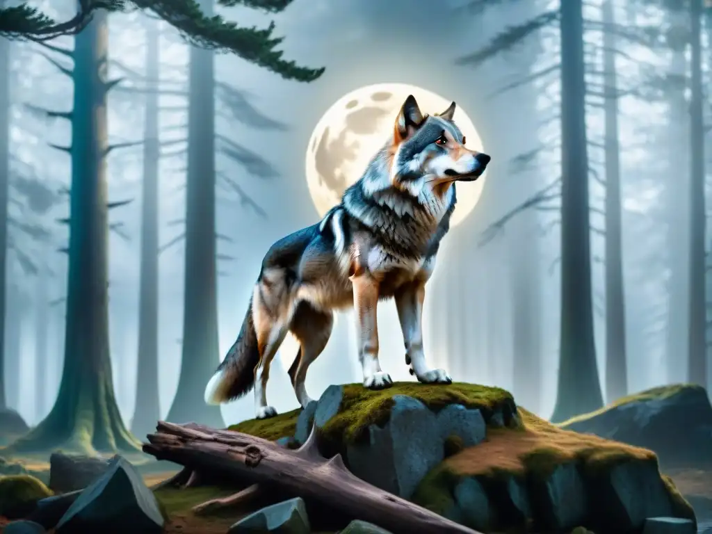 Compañía mística: Fenrir, el lobo gris, y su aliado humano en el bosque encantado Un lobo gris majestuoso junto a una figura humana en un gesto de amistad, en un bosque místico