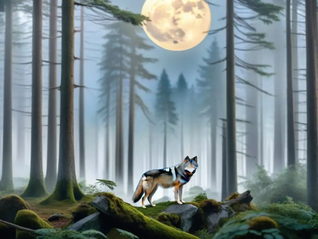 Un lobo gris majestuoso enfrentando a los vampiros del clan Cullen en un bosque iluminado por la luna