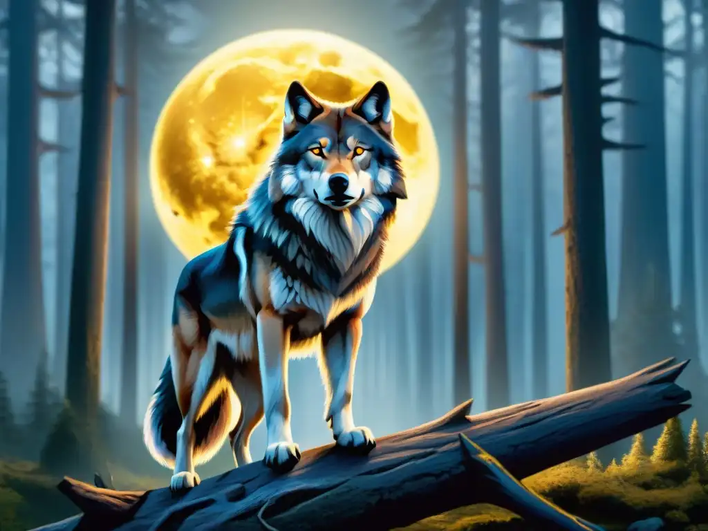 Un lobo mítico en un bosque encantado bajo la luna llena, reflejando la esencia de la Mitología de los Lobos de Crepúsculo