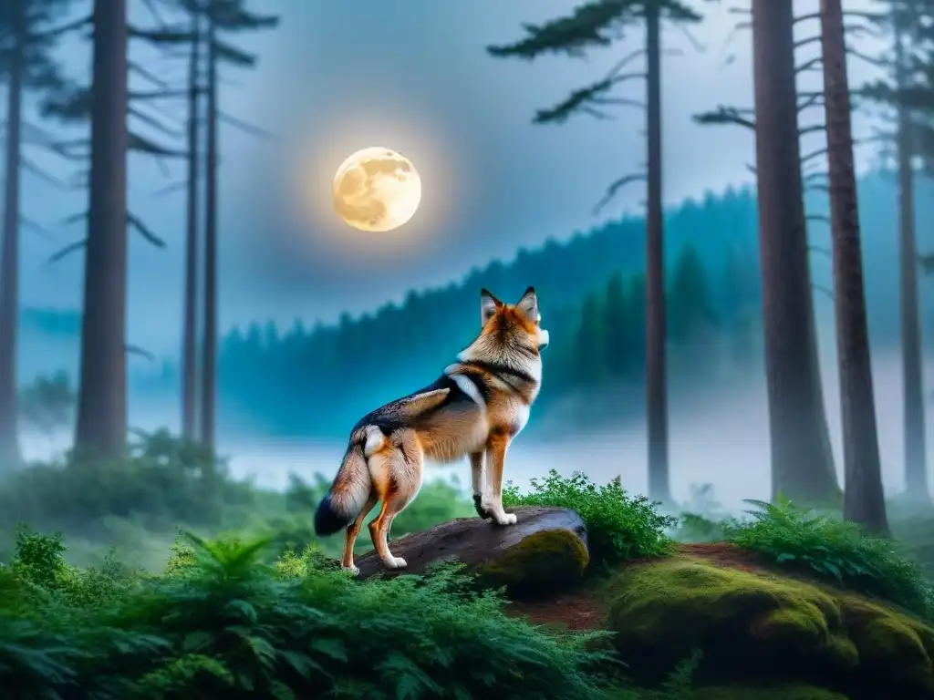 Un lobo poderoso se transforma bajo la misteriosa luz de la Luna en un bosque denso