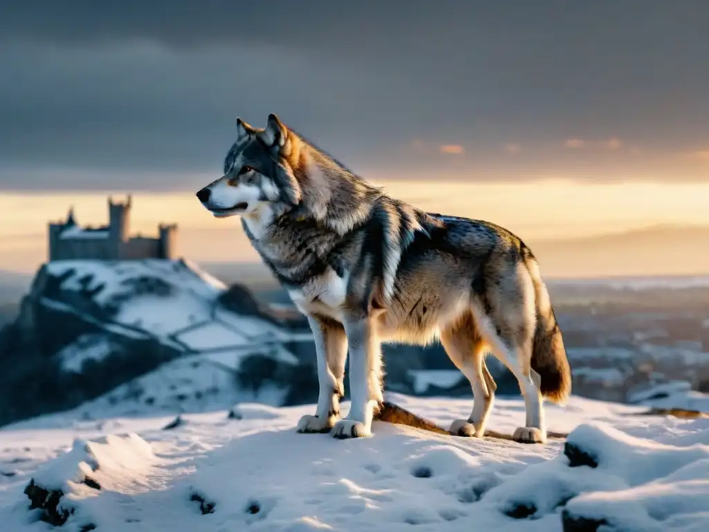 Un lobo solitario y majestuoso sobre una colina nevada, con las ruinas de Winterfell al fondo