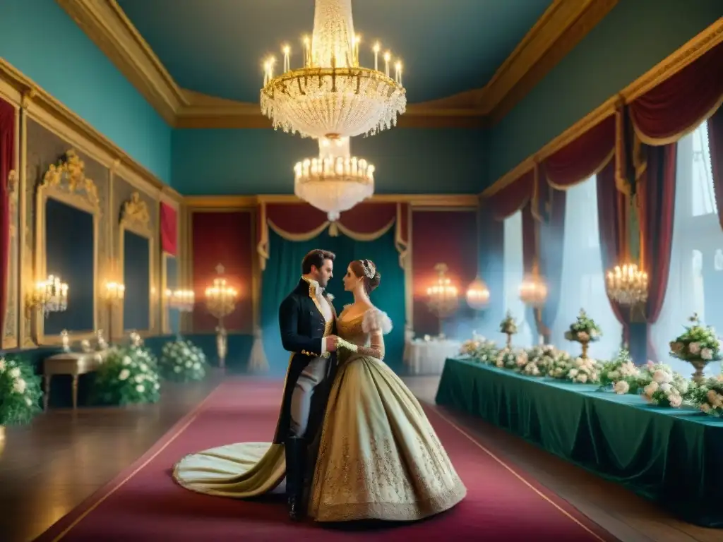 Una lujosa escena de salón del período Regencia con nobles en trajes elaborados, chandeliers y arreglos florales, captando la esencia de 'Bridgerton'