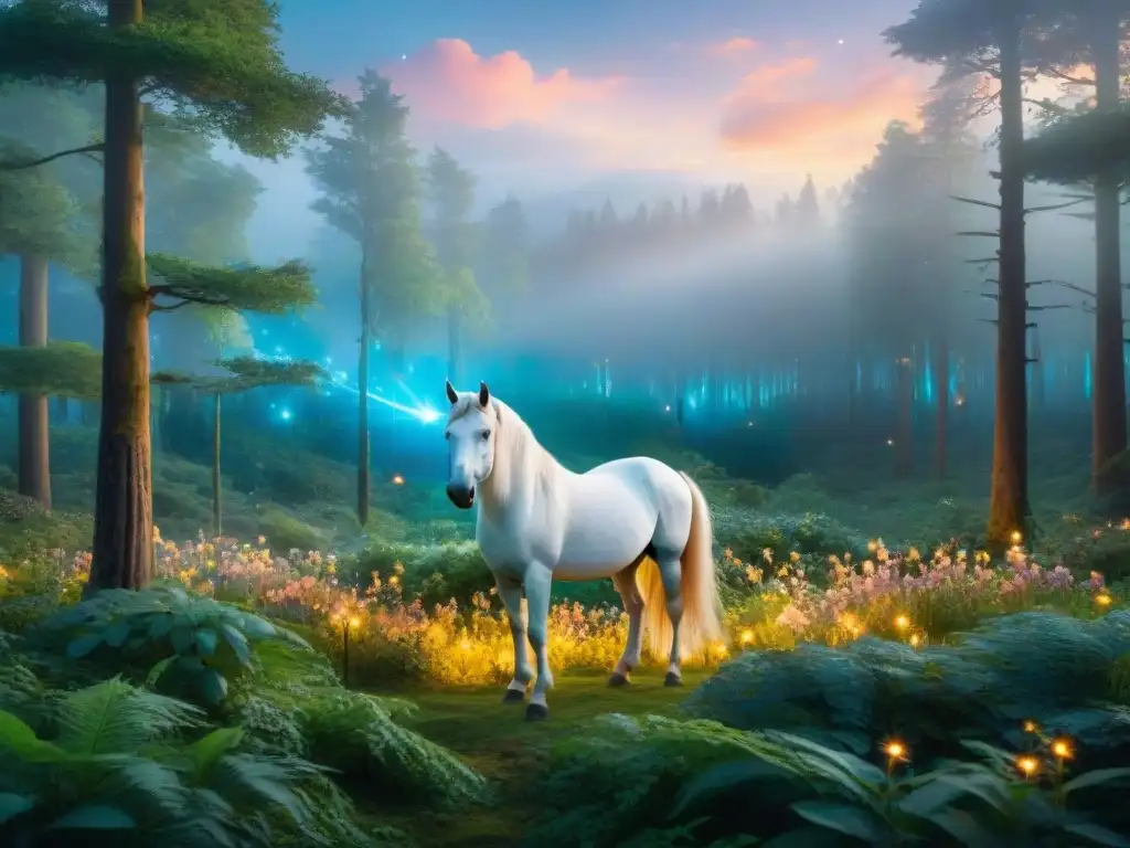 Explora la magia en un bosque místico con un unicornio rodeado de luciérnagas, un portal brillante y mundos ficticios en realidad aumentada