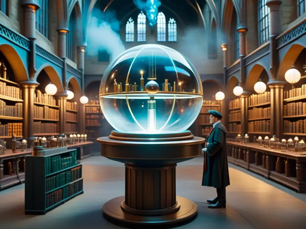 La magia y la ciencia se funden en un laboratorio futurista dentro de Hogwarts, con tecnología avanzada y libros flotantes