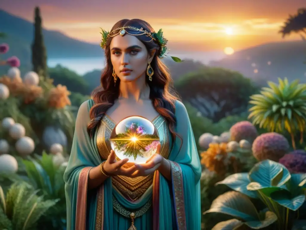 Magia en leyendas griegas: Circe, la hechicera, en un jardín místico con criaturas y plantas exóticas, sosteniendo una bola de cristal luminosa