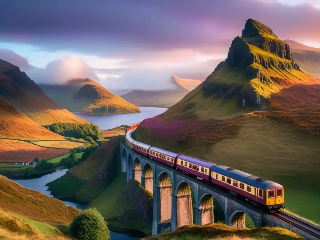 La mágica aldea de Skye al atardecer, con el Hogwarts Express en el icónico Viaducto Glenfinnan