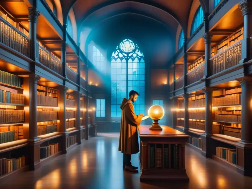 La biblioteca mágica: escribiendo historias entre dimensiones En la mágica biblioteca antigua, un ser elabora cronologías en mundos imaginarios