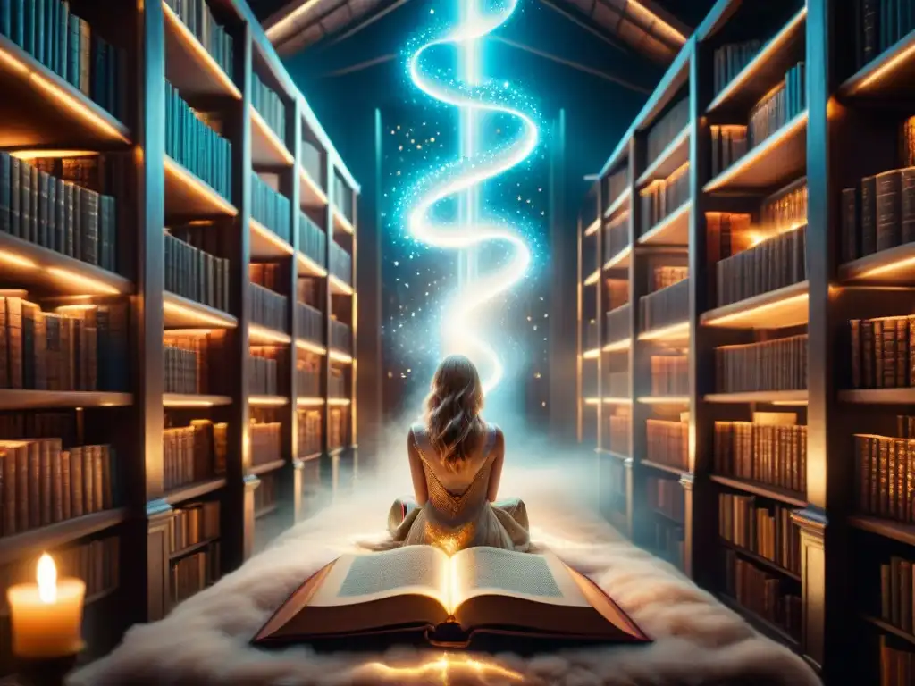 Libro místico con runas doradas en biblioteca mágica Una mágica biblioteca con un libro místico y energía brillante, evocando la influencia de La Historia Sin Fin