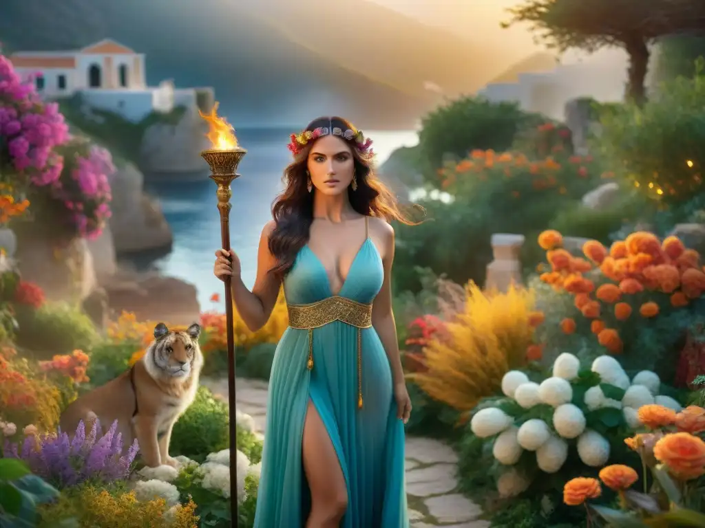 La mágica Circe, hechicera poderosa de la mitología griega, en un jardín exuberante con animales y flores coloridas