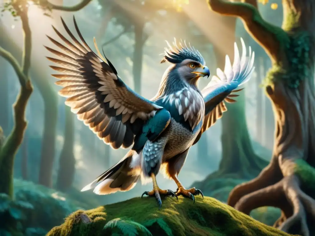 Criatura mágica en Harry Potter: Majestuoso Hipogrifo en un bosque místico, con alas extendidas y plumas brillantes al sol