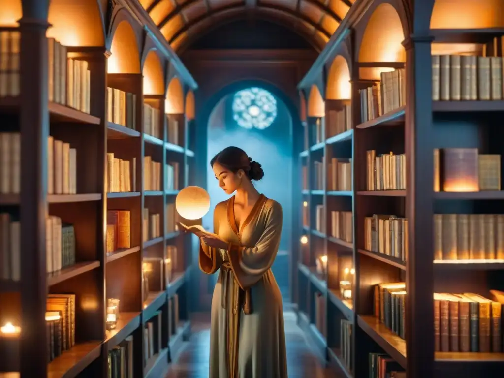 Un mágico rincón en la antigua biblioteca, donde la luz de las velas ilumina tomos encuadernados en cuero y artefactos mágicos brillantes