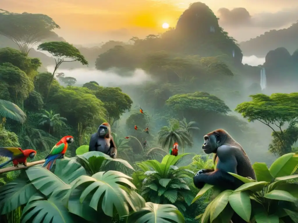 Un mágico atardecer en la jungla con diversas especies no humanas comunicándose