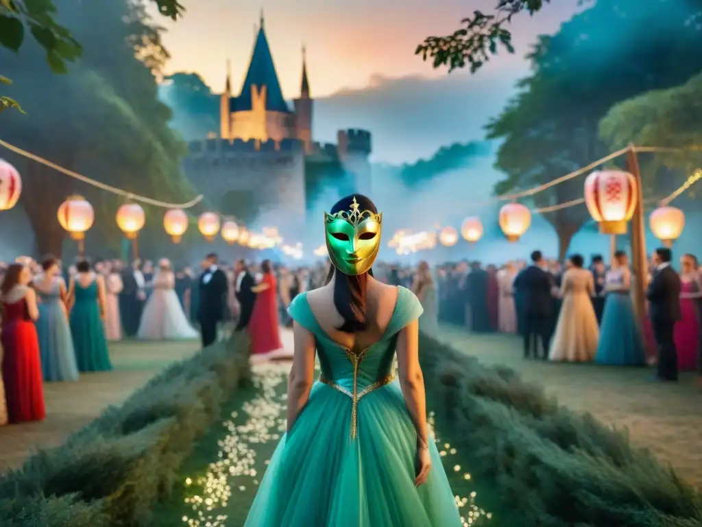 Un mágico baile de máscaras en un claro del bosque, con criaturas míticas y humanos en trajes vibrantes