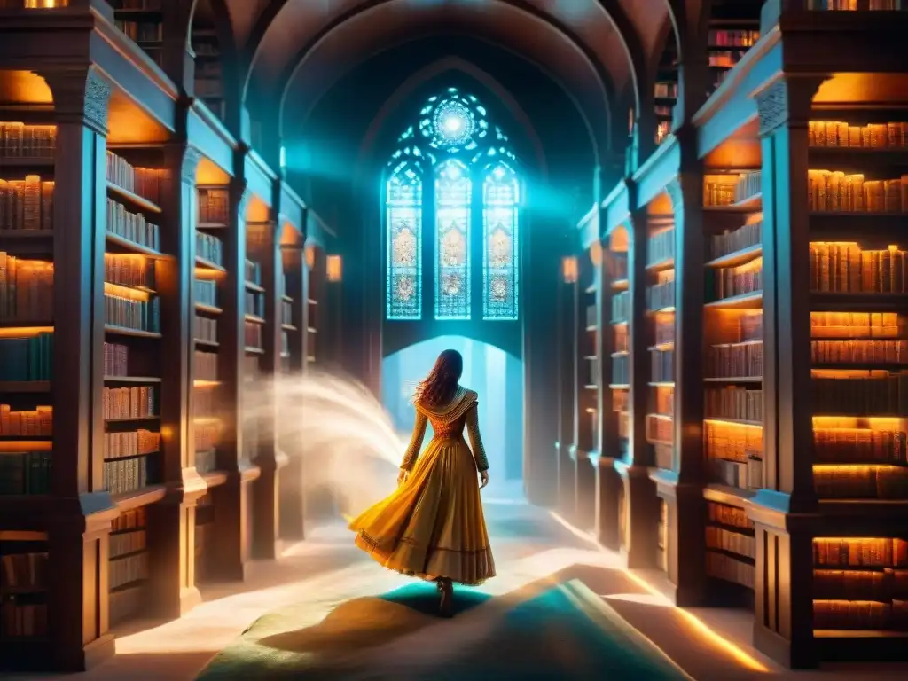 Biblioteca mística: libros brillantes y portal mágico Un mágico rincón de la biblioteca con libros sobrenaturales brillantes