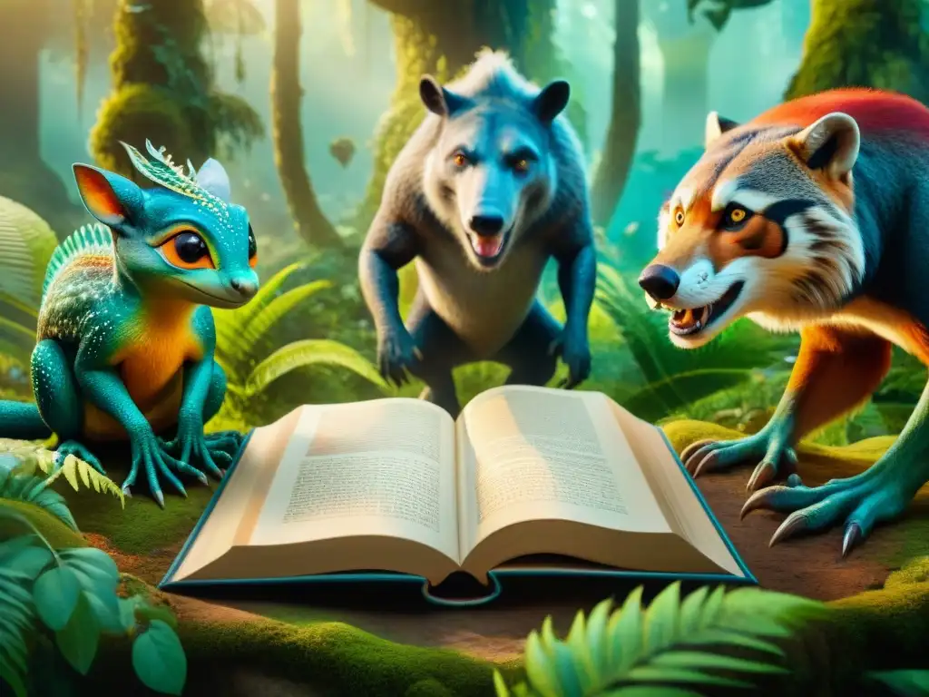 Un mágico encuentro de criaturas diversas alrededor de un antiguo libro en un bosque fantástico, celebrando la inclusión en mundos ficticios