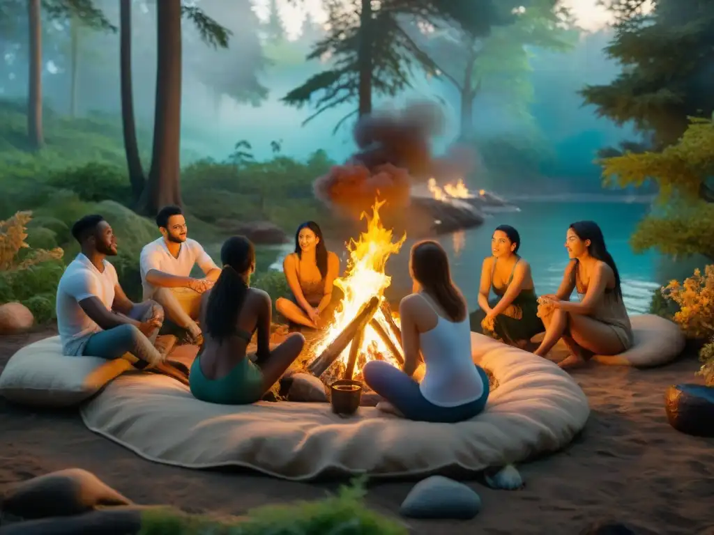 Encuentro mágico alrededor de la fogata en el bosque encantado Un mágico encuentro entre criaturas míticas y humanos alrededor de una hoguera en el bosque