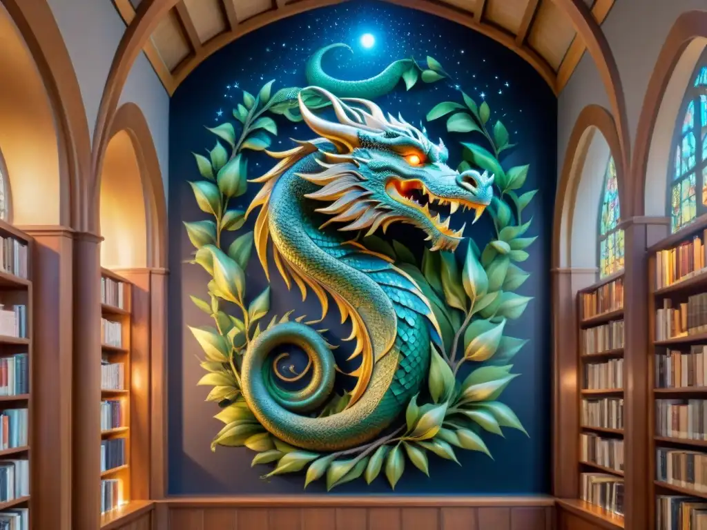 Un mágico mural en una biblioteca antigua, con un dragón majestuoso rodeando un árbol gigante bajo una luz etérea