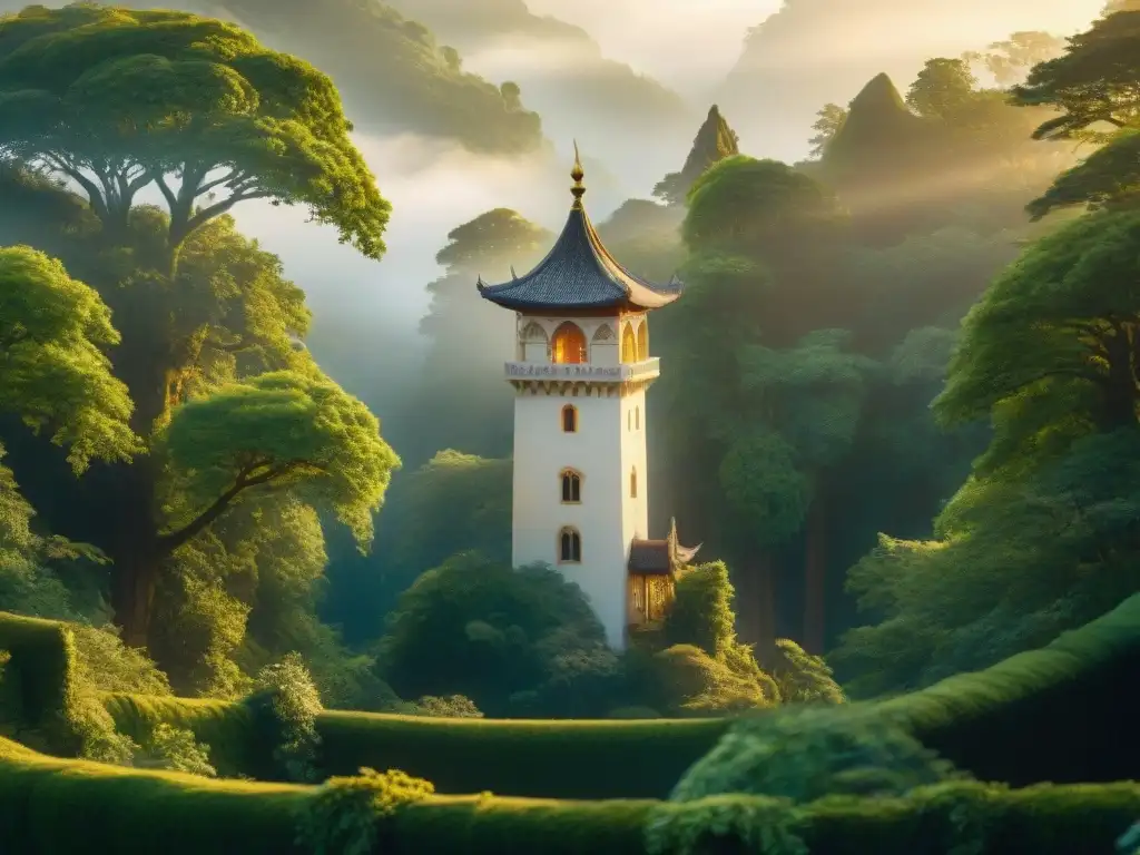 Torre de marfil: magia ancestral en el bosque místico Un mágico torre de marfil en un bosque vibrante, evocando la influencia de La Historia Sin Fin