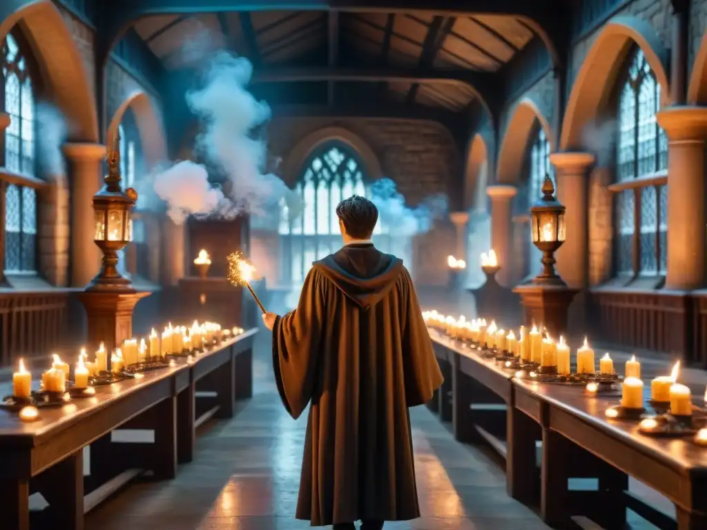 Un mago conjura un hechizo en un aula de Hogwarts, con velas flotantes y artefactos místicos