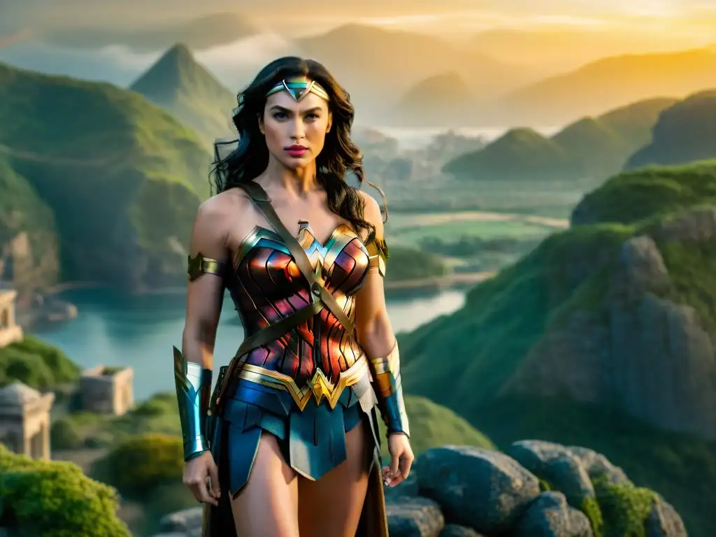 Majestuosa Wonder Woman en un acantilado, rodeada de paisajes míticos y el sol dorado, simbolizando mitología y feminismo en Wonder Woman