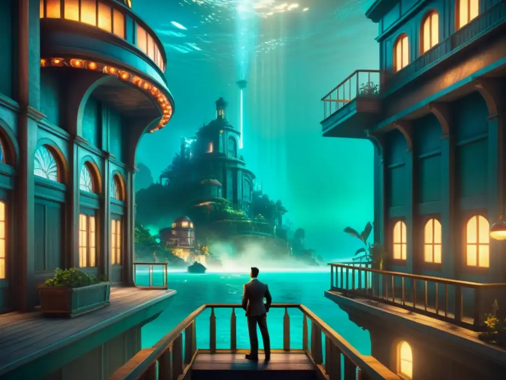 Explora la majestuosa arquitectura art decó de Rapture en Bioshock, con luces de neón y una atmósfera inquietante