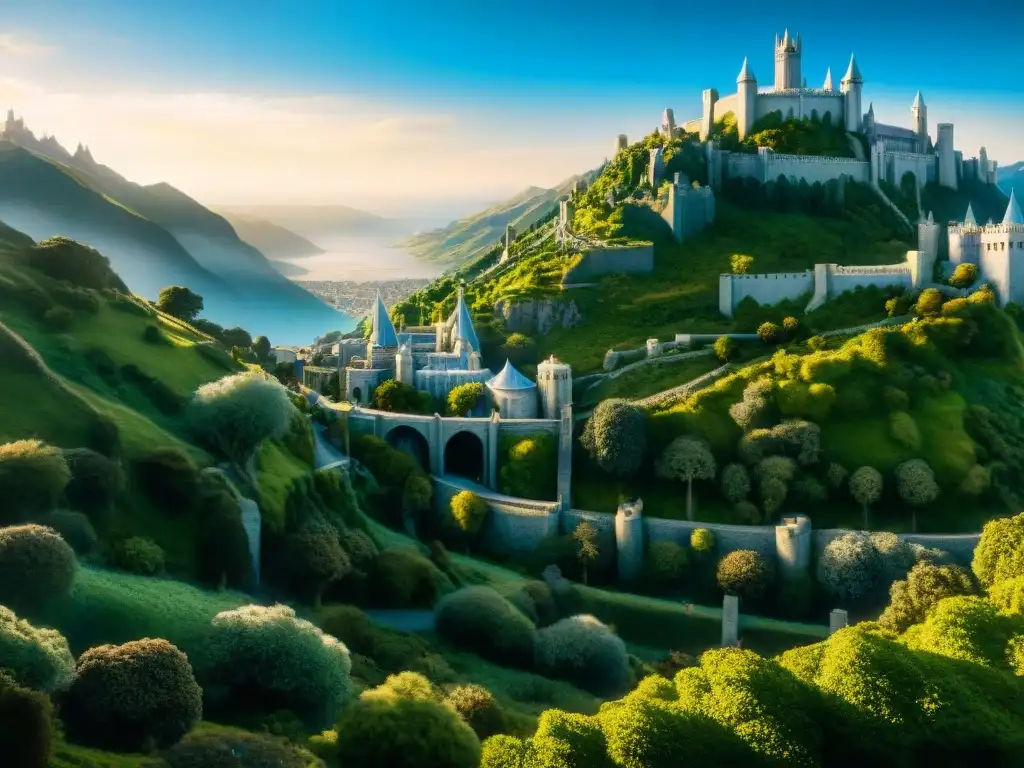 La majestuosa arquitectura de la Ciudad Blanca de Gondor bajo el cielo azul