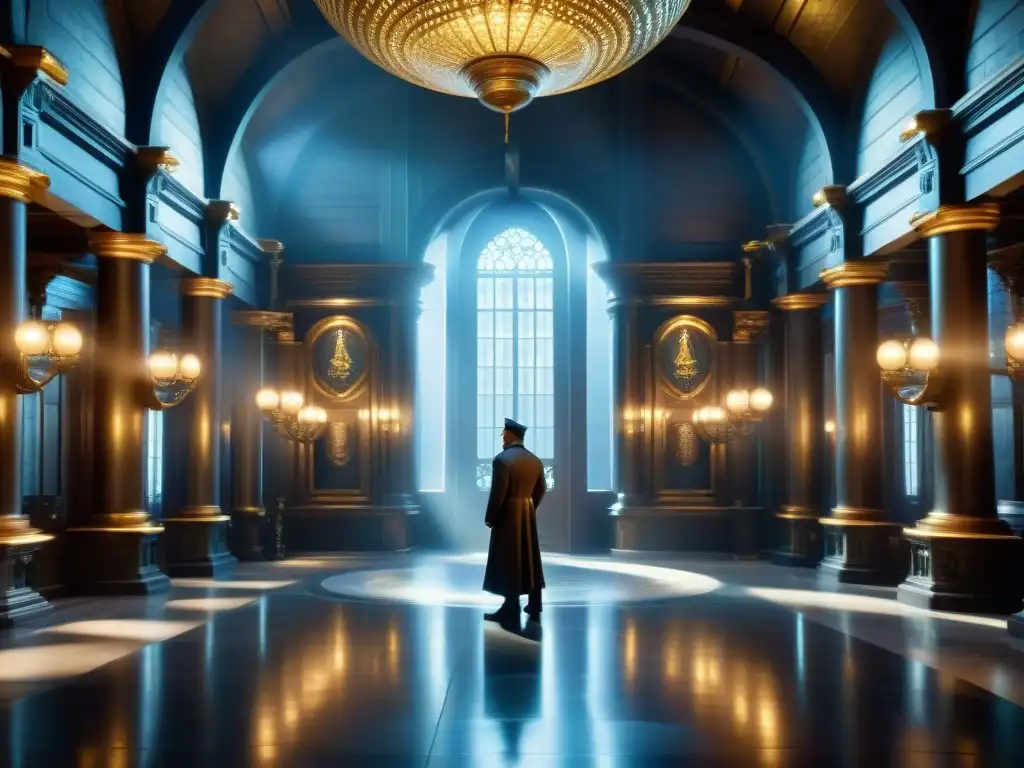 Dentro de la majestuosa Gringotts Wizarding Bank, goblins atareados y magos realizan transacciones financieras bajo la luz cálida de candelabros