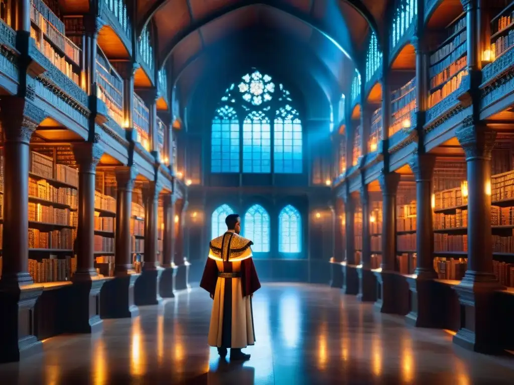 Majestuosa biblioteca antigua en un mundo de fantasía, con lenguas y escrituras misteriosas