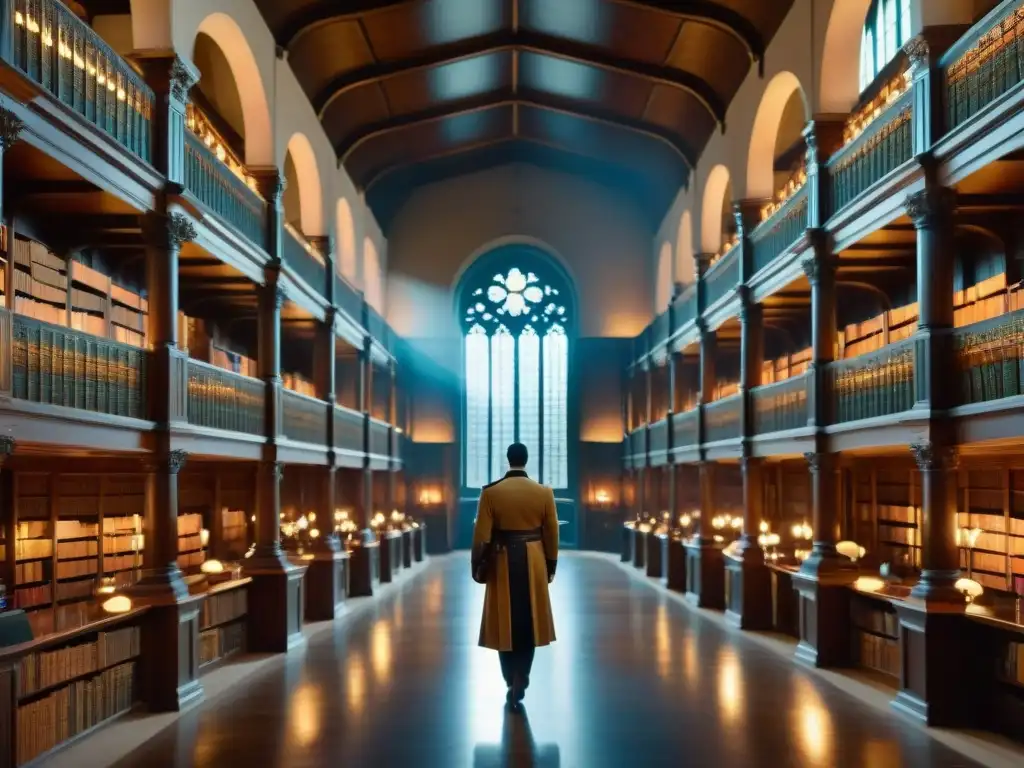 Una majestuosa biblioteca con libros antiguos y luz cálida de candelabros, evocando épicas batallas y alianzas literarias