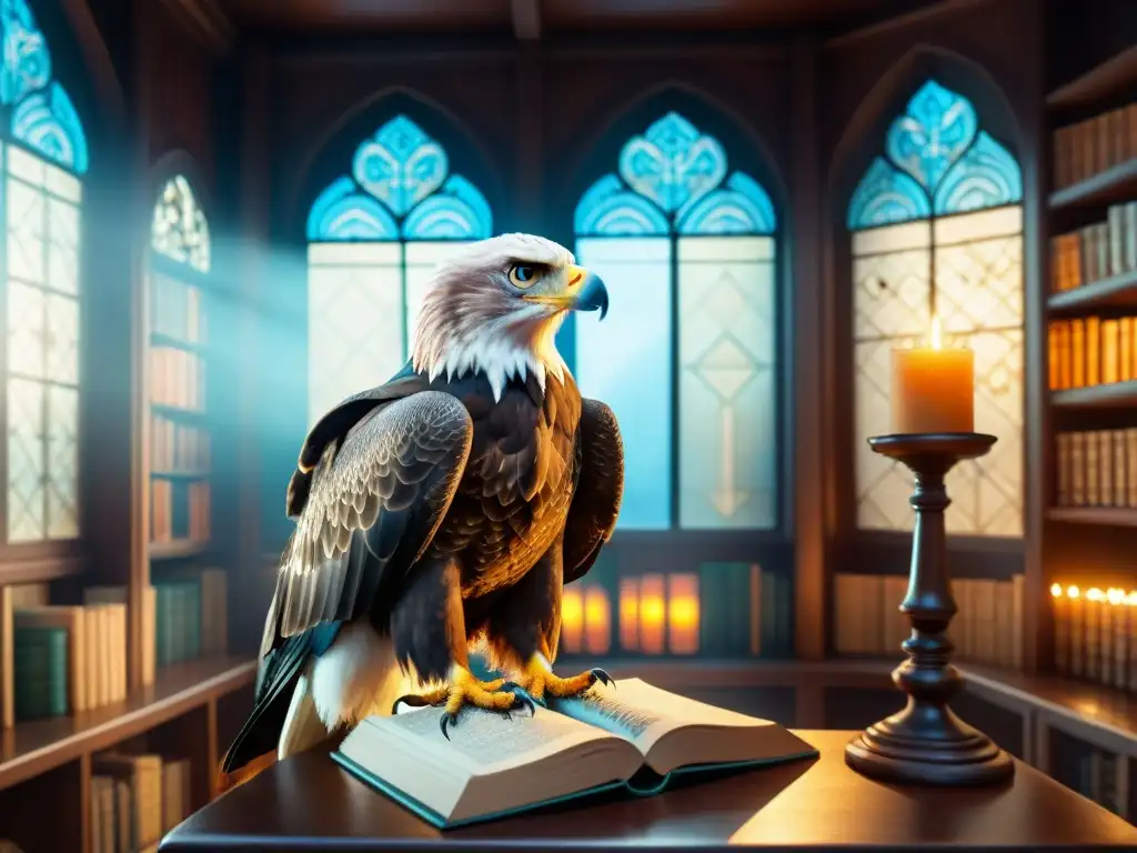 Un águila majestuosa en una biblioteca llena de libros antiguos, simbolizando el 'Simbolismo en Casas de Hogwarts'