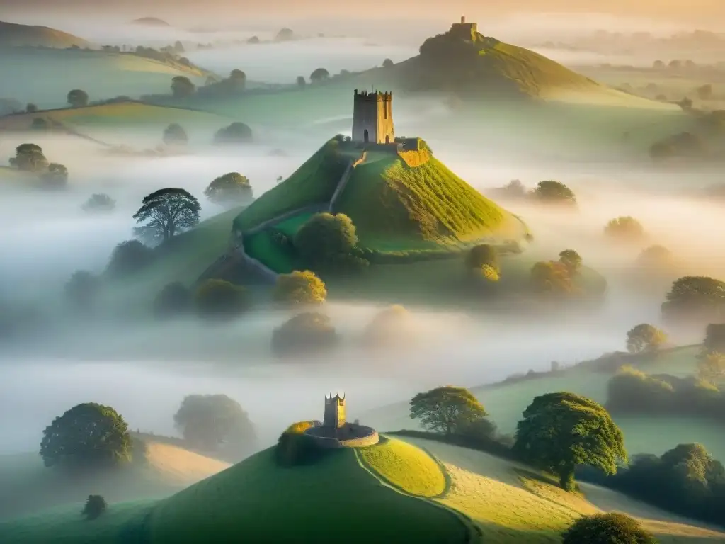 La majestuosa Tor de Glastonbury emerge en la bruma dorada con las mitologías de Avalon, Inglaterra