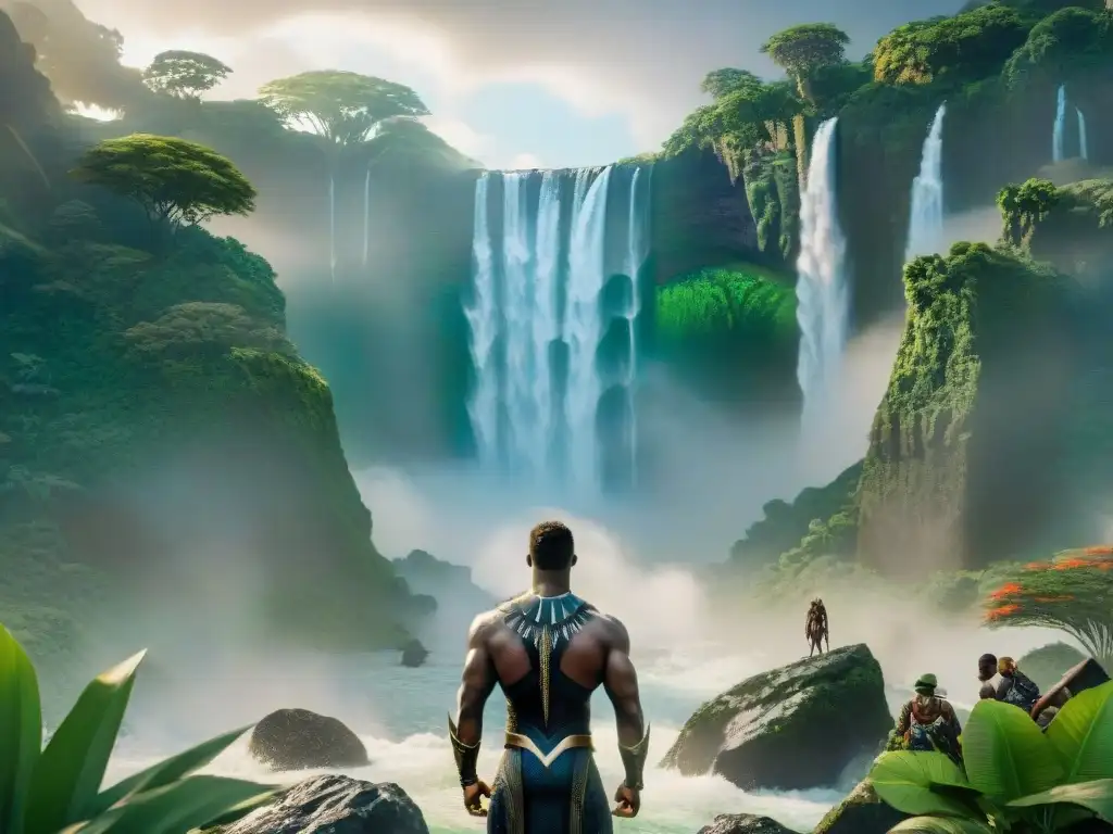 Una majestuosa cascada en la exuberante jungla de Wakanda, inspiración africana en Black Panther