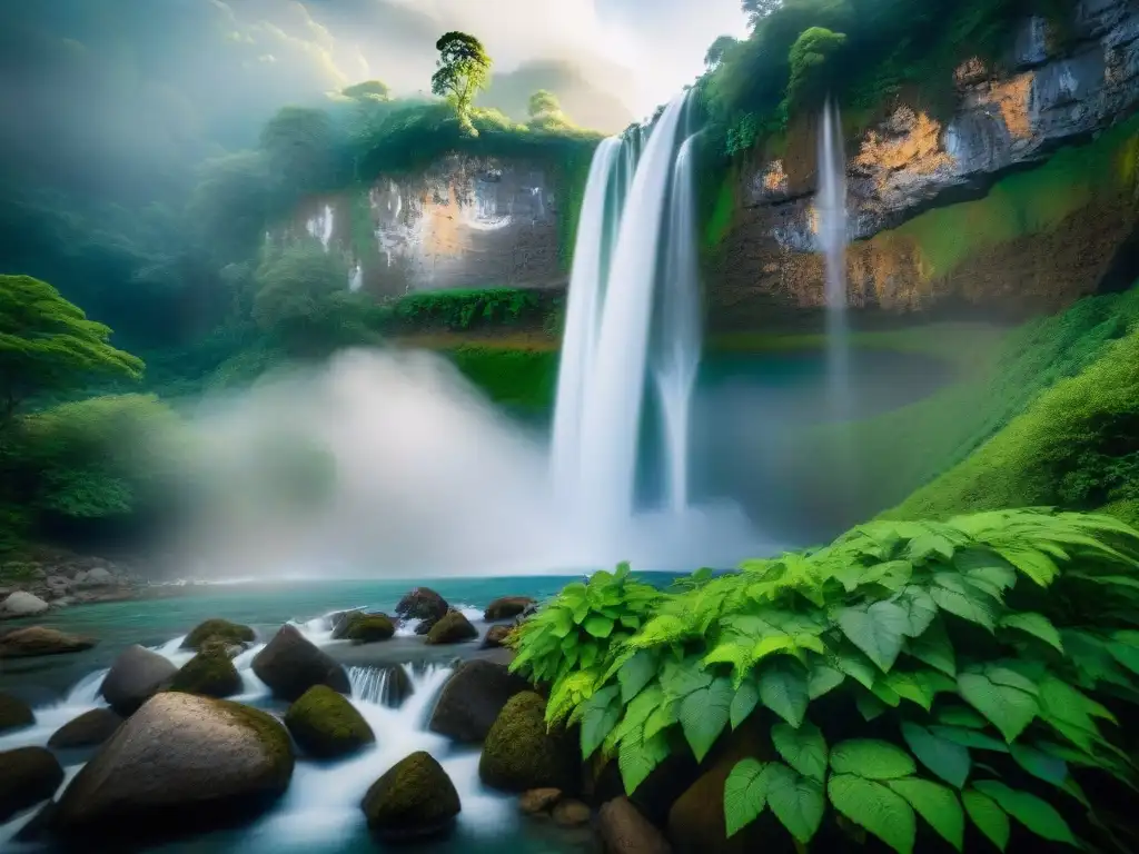 Una majestuosa cascada fluyendo por una montaña exuberante, rodeada de árboles antiguos