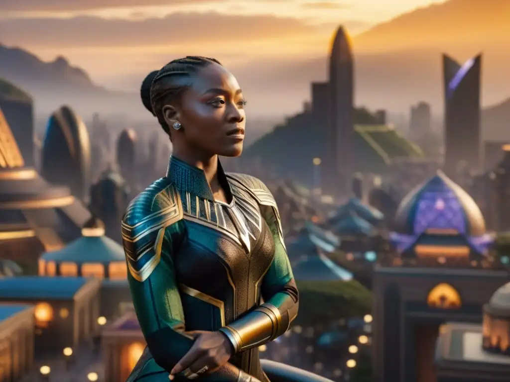 La majestuosa ciudad de Wakanda al atardecer, fusionando arquitectura africana con tecnología futurista