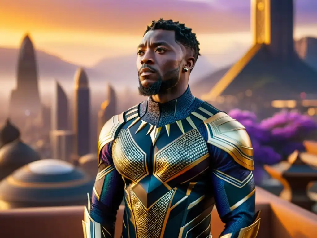 Una majestuosa ciudad dorada de Wakanda con tecnología y tradiciones en perfecta armonía al atardecer