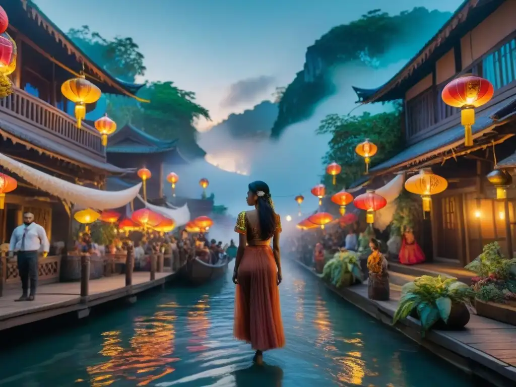 Majestuosa ciudad flotante en fiesta mágica, llena de criaturas y coloridos detalles, evocando asombro y encanto