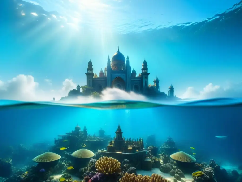 Explora la majestuosa ciudad subacuática al estilo de Atlantis, con su arquitectura detallada y místicas criaturas marinas