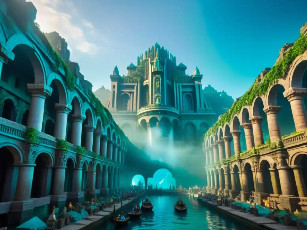 Una majestuosa ciudad submarina llena de riqueza en Atlantis del universo de DC Comics, con edificios de coral, perlas brillantes y peces coloridos nadando entre arcos elaborados