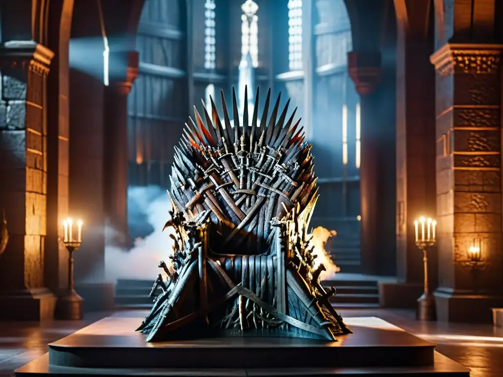 La majestuosa y detallada imagen del Trono de Hierro de Game of Thrones en 8k, reflejando poder y autoridad