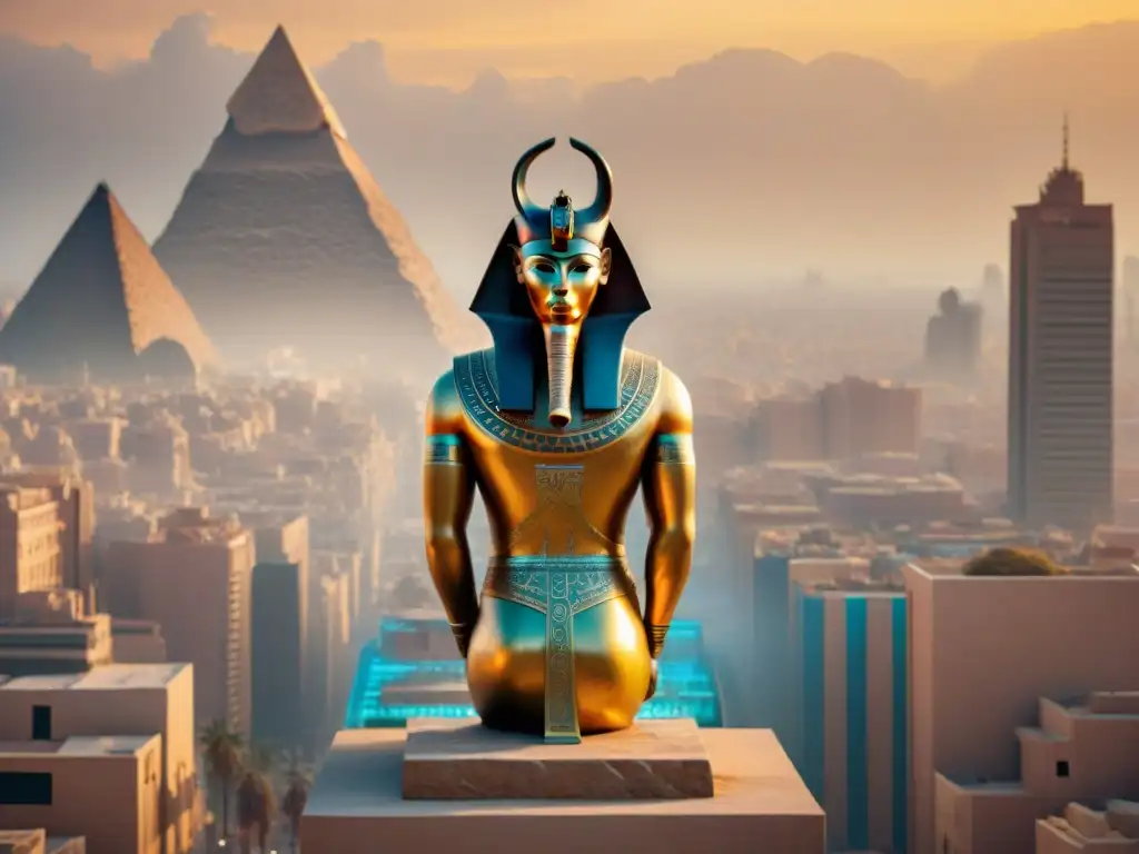 Una majestuosa ilustración digital de una ciudad futurista al atardecer, con rascacielos adornados con patrones egipcios, destacando una estatua de Anubis brillante