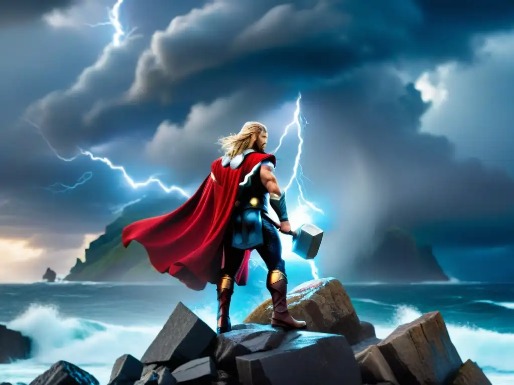 Ilustración majestuosa de Thor, el Dios del Trueno, listo para la batalla en un acantilado sobre el mar tormentoso