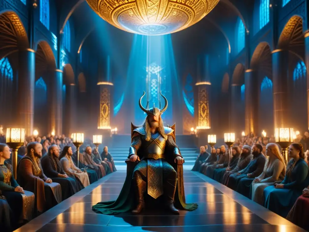 Una majestuosa escena cinematográfica de la mitología nórdica en el cine: el gran salón de Asgard rebosante de seres míticos en un festín animado