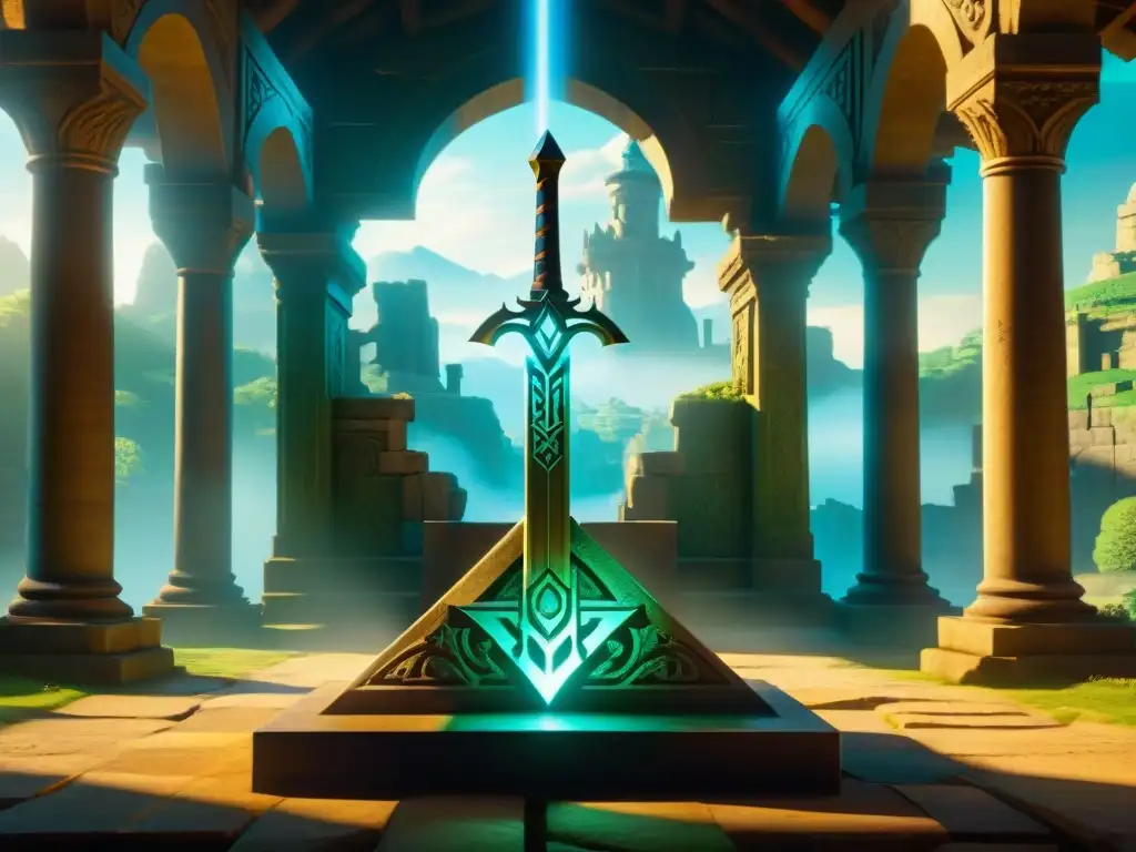 La majestuosa Espada Maestra en el Pedestal del Tiempo, reflejo de la mitología de Hyrule en Zelda