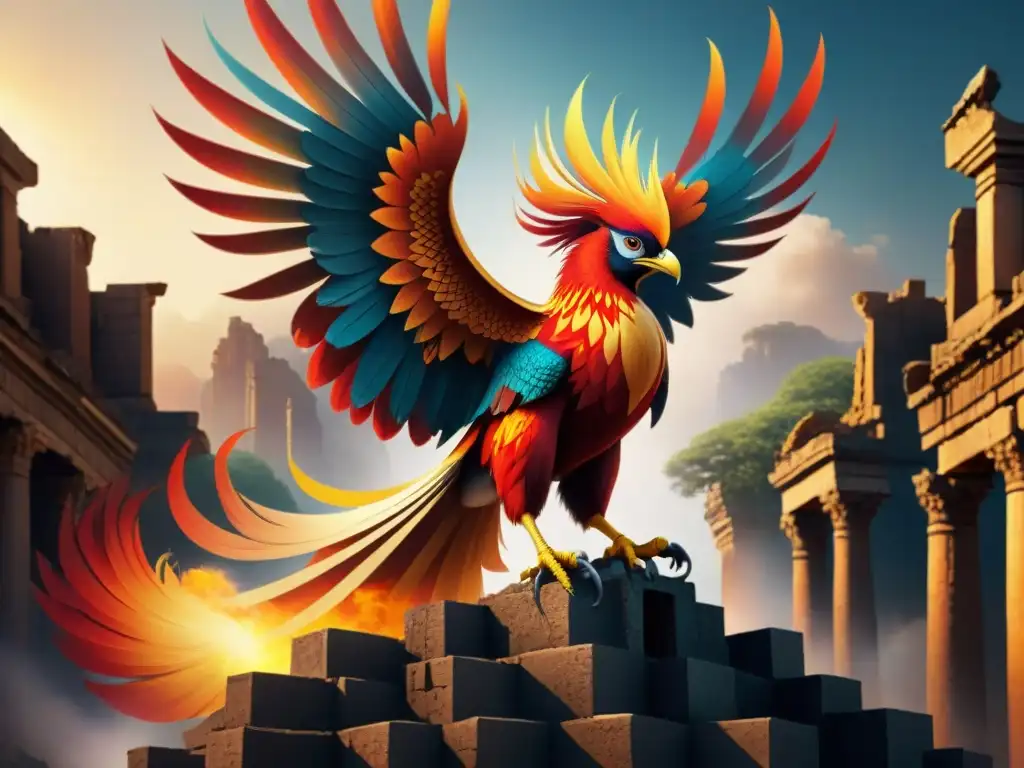 Una majestuosa ilustración de un fénix resurgiendo de sus cenizas en ruinas antiguas, sus plumas brillantes contra el sol