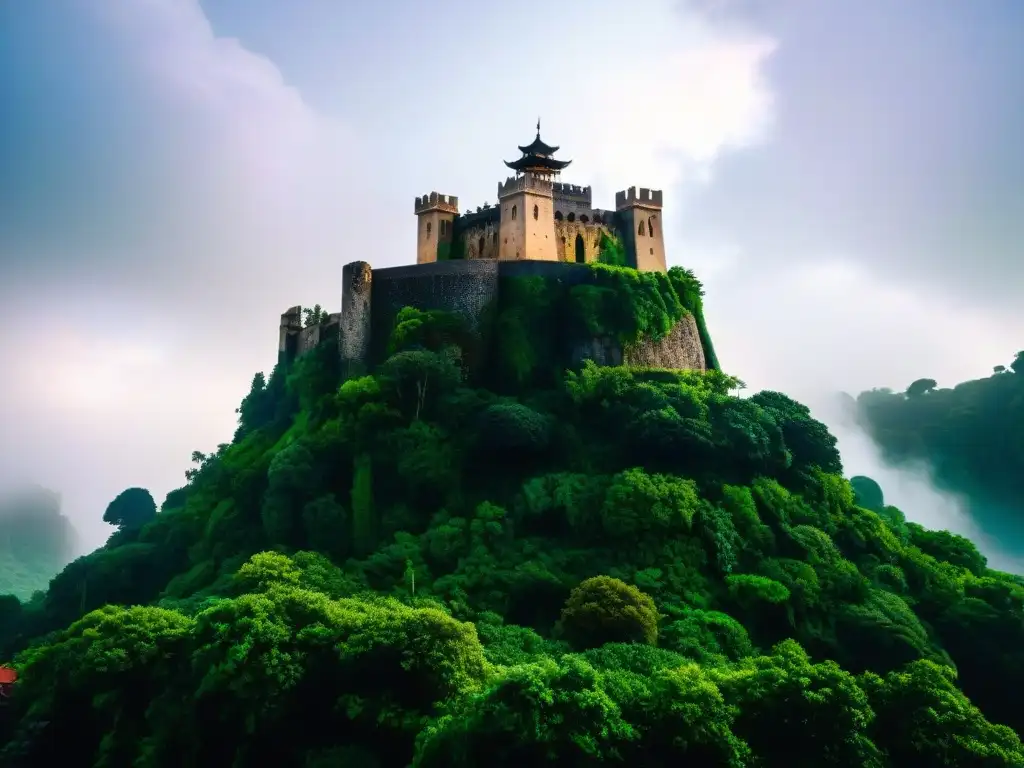 Majestuosa fortaleza en isla flotante, diseño arquitectura culturas imaginarias, cascadas y exuberante vegetación, cielo vibrante