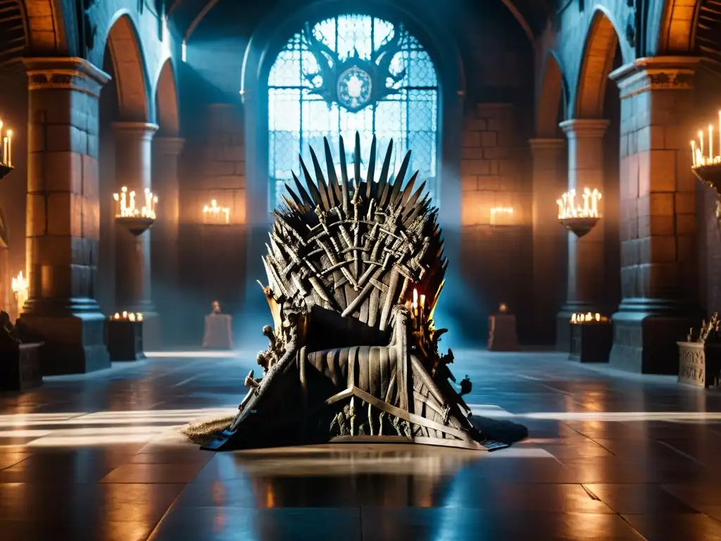 La majestuosa imagen del Trono de Hierro en la Gran Sala de la Fortaleza Roja en Desembarco del Rey