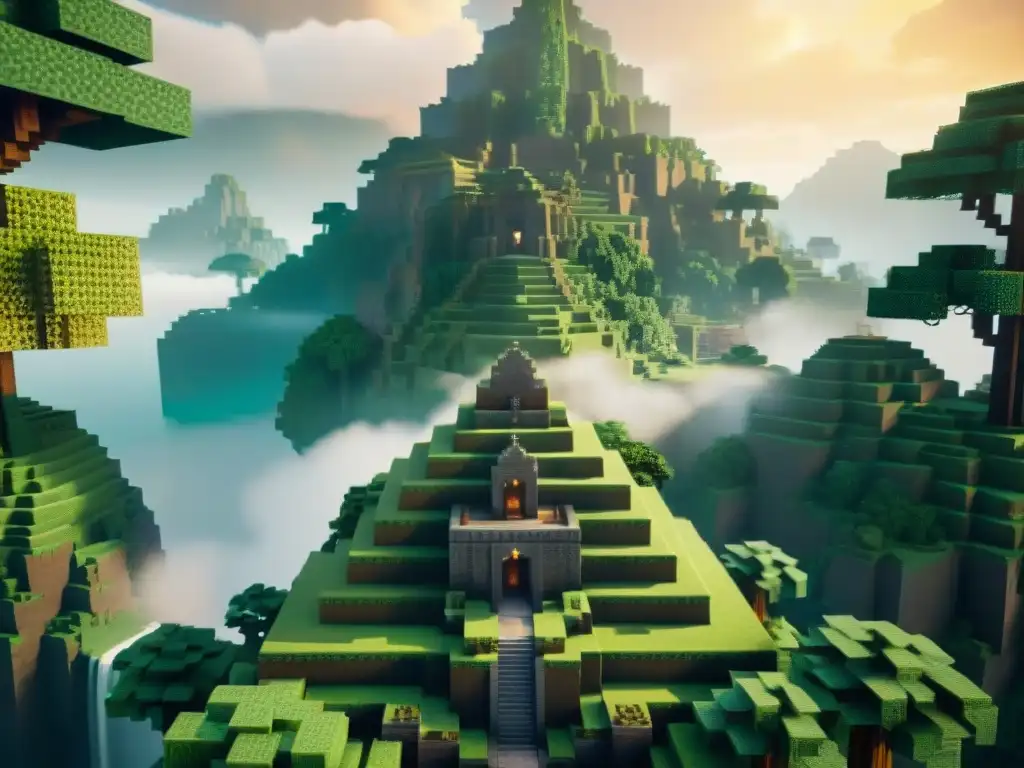 Descubre una majestuosa jungla en Minecraft con un templo ancestral, ruinas y un volcán en la distancia