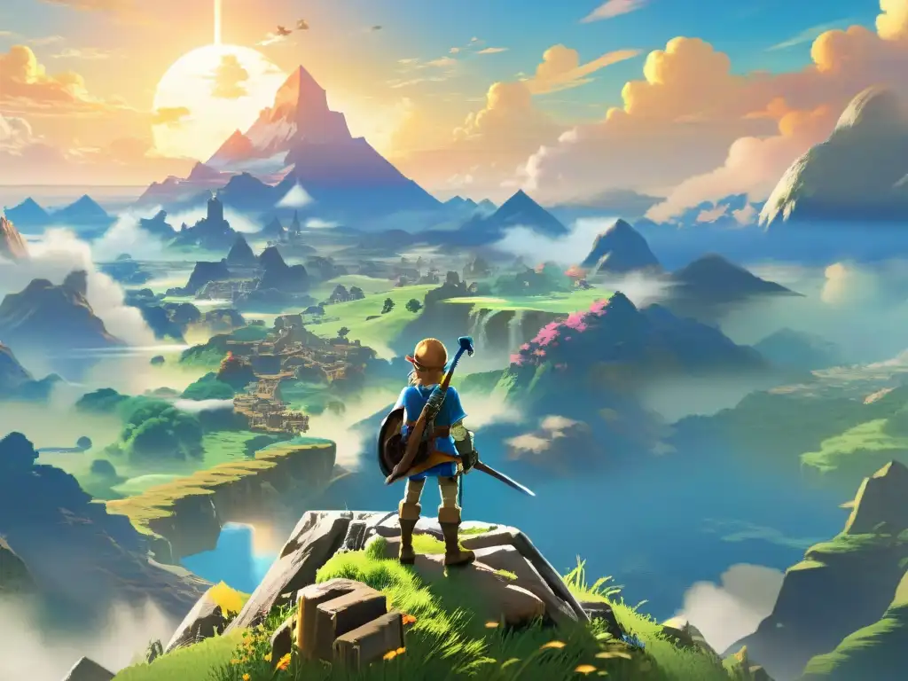 La majestuosa geografía del mundo de Zelda: Breath of the Wild capturada en una escena cinematográfica, mostrando a Link en un acantilado al atardecer