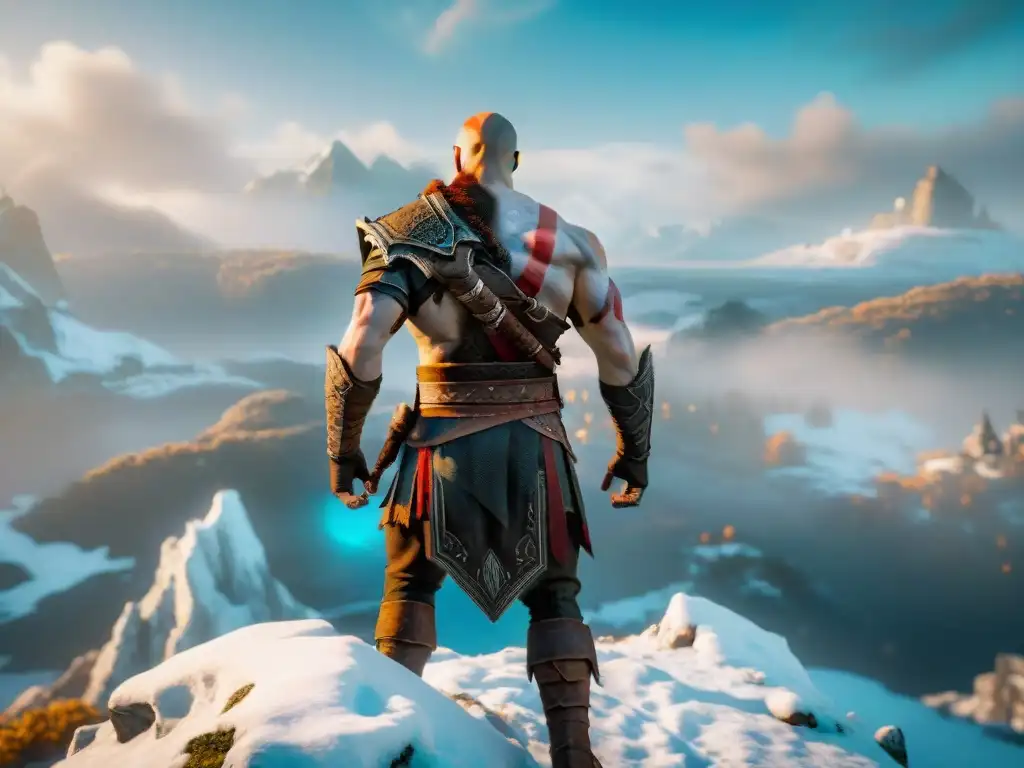 La majestuosa presencia nórdica en God of War: Kratos en la cima nevada, dragones y paisaje místico