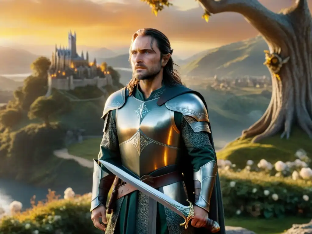 En la majestuosa coronación de Aragorn como Elessar, Rey del Reino Unido Unificado, en Minas Tirith al atardecer